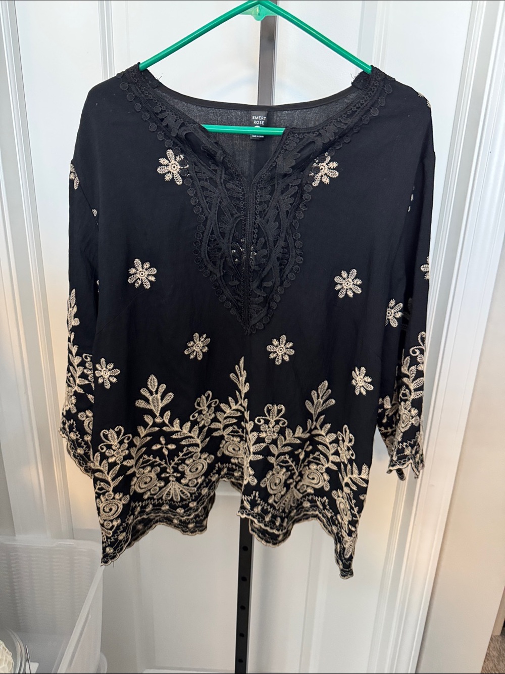 Embroidered Black Tunic with Cream Floral Accents by Caslon
